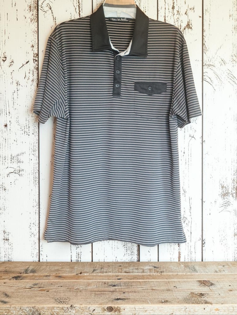 TravisMathew Dove Canyon Mens Polo Shirt L Large Gray Striped Pocket Pima Blend